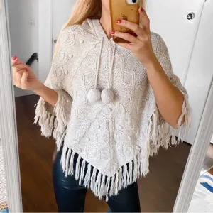 🍂 BRAVE SOUL OATMEAL POM POM CABLE KNIT FRINGE HOODED PONCHO!