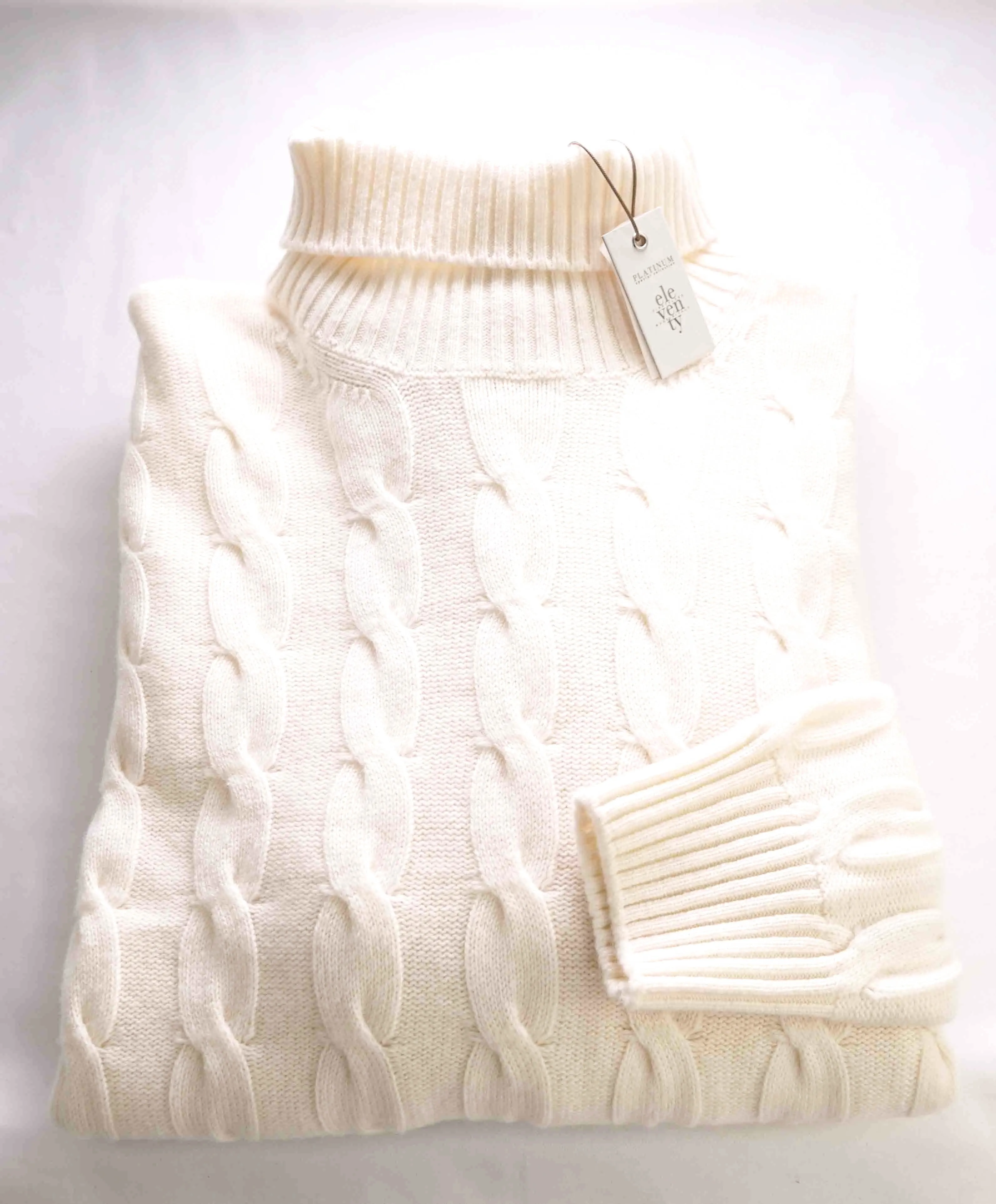 $1,095 ELEVENTY - *PURE CASHMERE* White Cable Knit Turtleneck Sweater - XXL