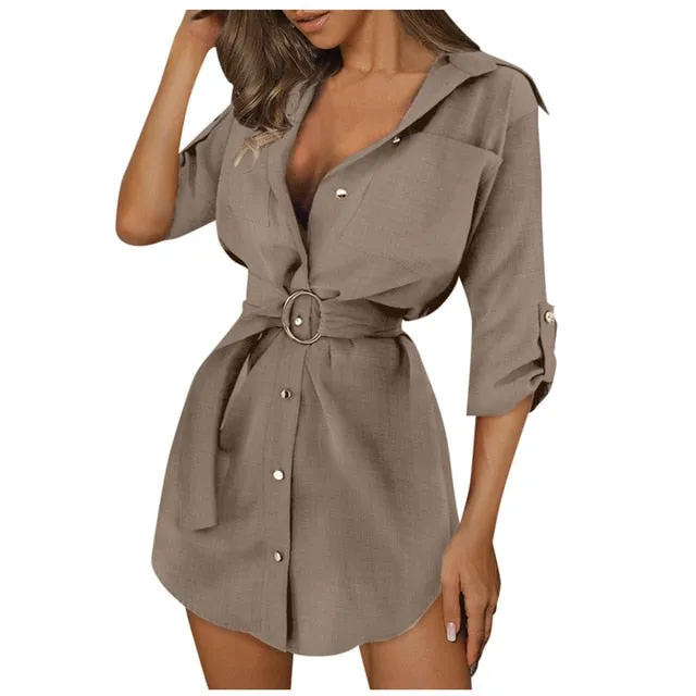 2021 New Fashion V-neck Shirt Dress Women Autum Long Sleeve Mini Dress Ol Belt Casual Work Plain Shirt Blouse Tops Женские Юбки