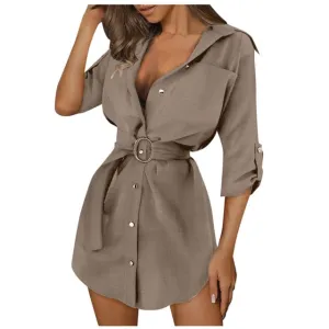2021 New Fashion V-neck Shirt Dress Women Autum Long Sleeve Mini Dress Ol Belt Casual Work Plain Shirt Blouse Tops Женские Юбки