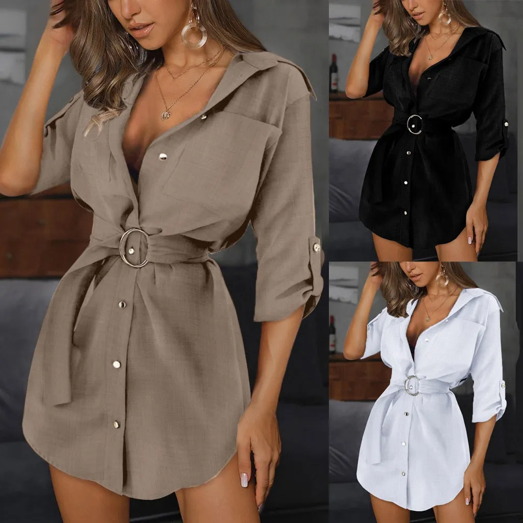 2021 New Fashion V-neck Shirt Dress Women Autum Long Sleeve Mini Dress Ol Belt Casual Work Plain Shirt Blouse Tops Женские Юбки