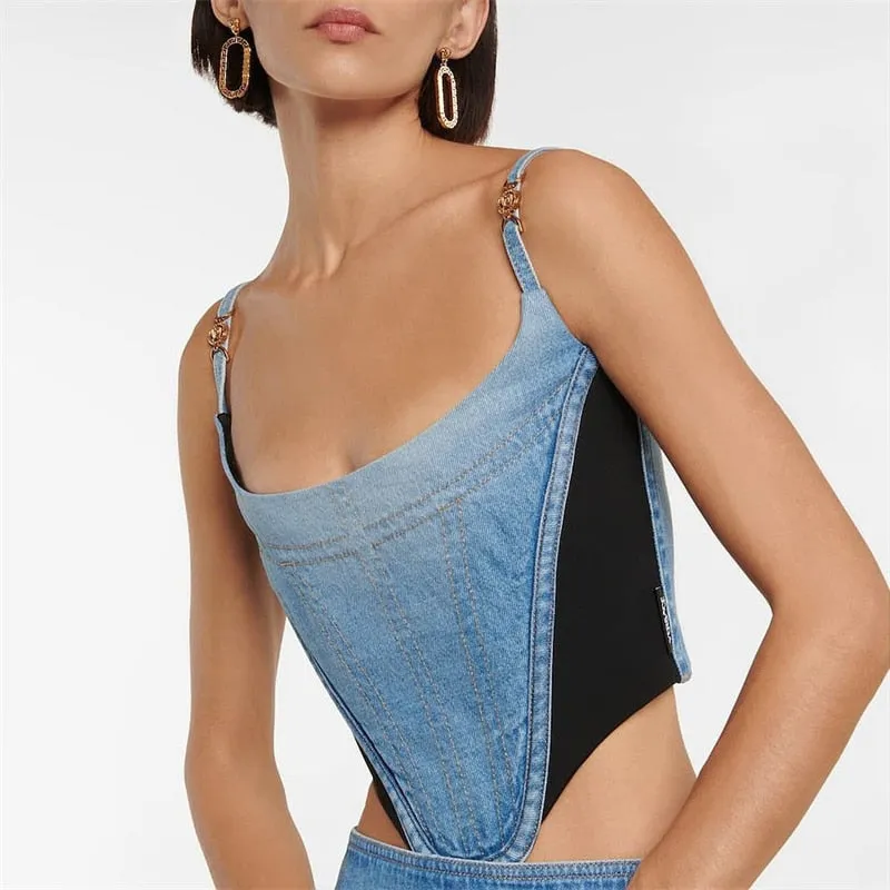 2023ss spring and summer new women's fishbone three-dimensional splicing suspender vest y2k Fashion sexy denim slim-fit Wrap top