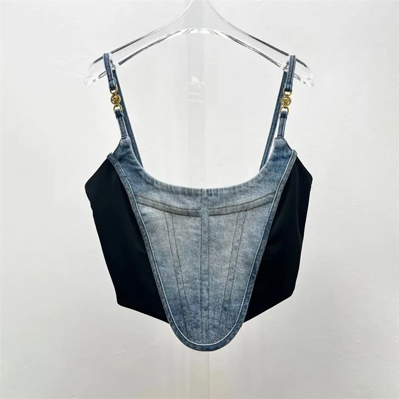 2023ss spring and summer new women's fishbone three-dimensional splicing suspender vest y2k Fashion sexy denim slim-fit Wrap top