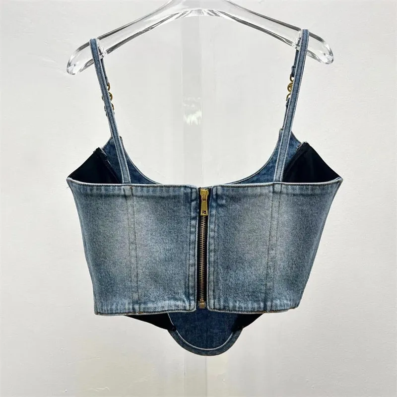 2023ss spring and summer new women's fishbone three-dimensional splicing suspender vest y2k Fashion sexy denim slim-fit Wrap top