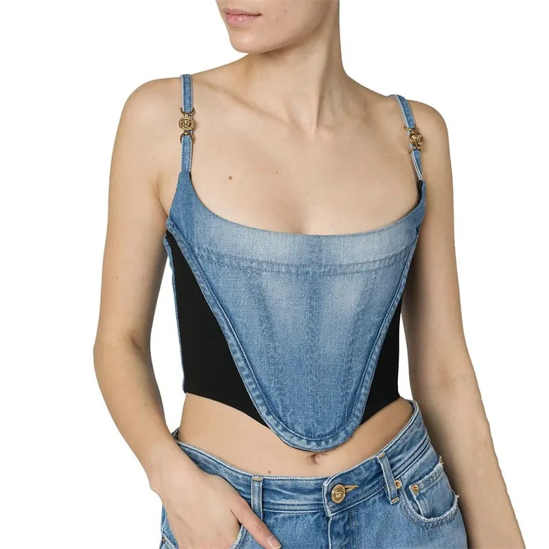 2023ss spring and summer new women's fishbone three-dimensional splicing suspender vest y2k Fashion sexy denim slim-fit Wrap top