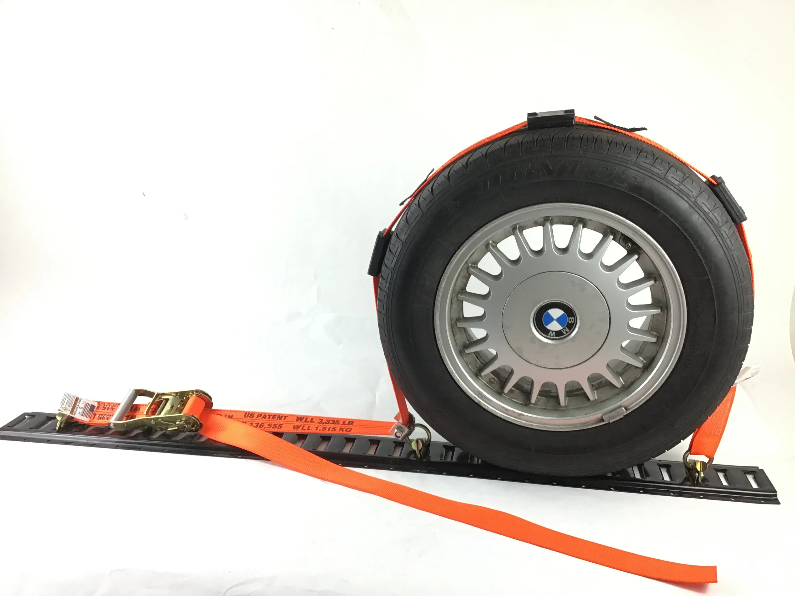 2" x 11' DIAMOND WEAVE 3 Point Wheel Strap with 3 Rubber Tread Grabs and Ratchet (Heavy Duty O-Ring E TRACK Fitting)