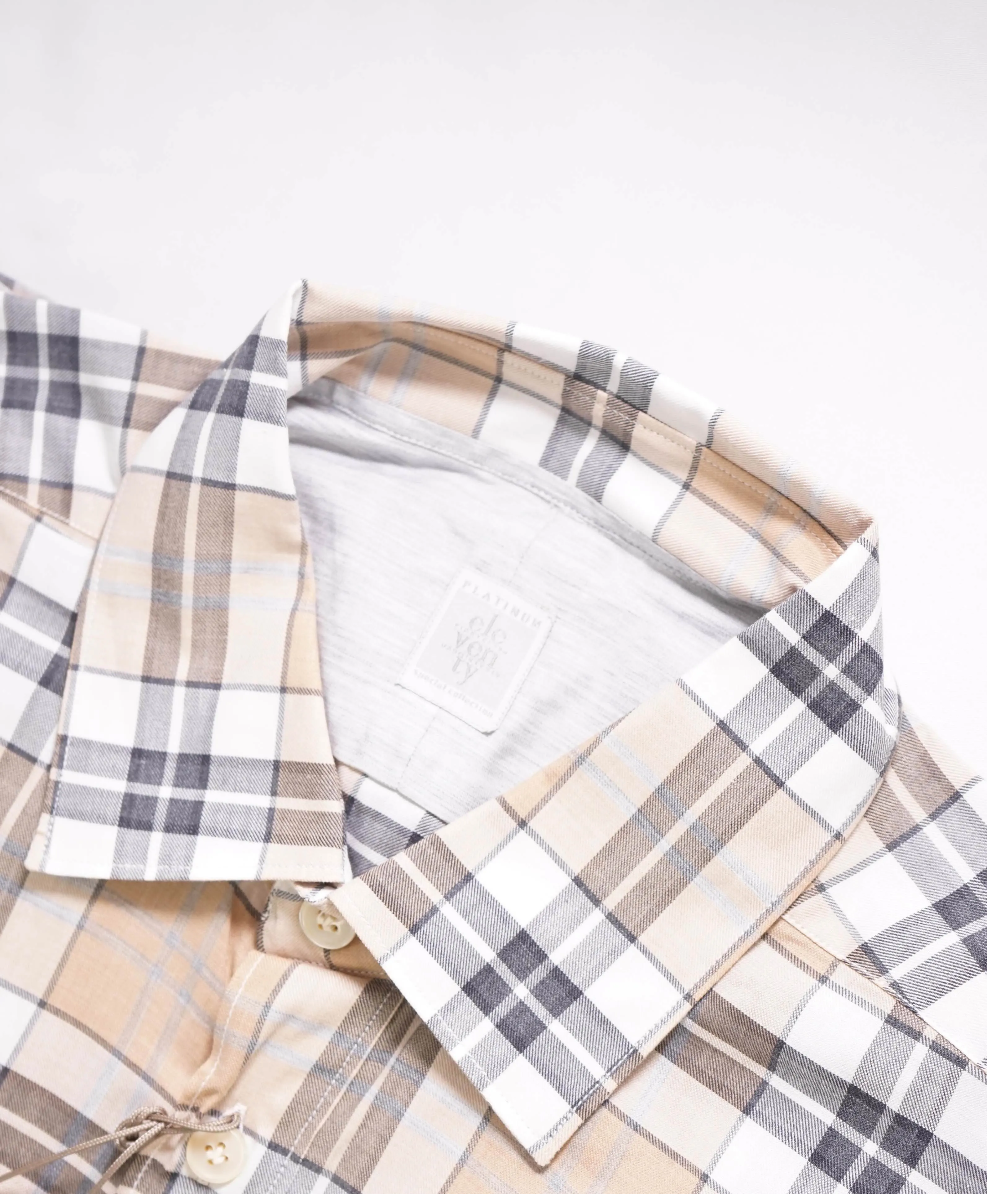 $395 ELEVENTY -Neutral *POPOVER* Check Plaid Button Dress Shirt - M (40)