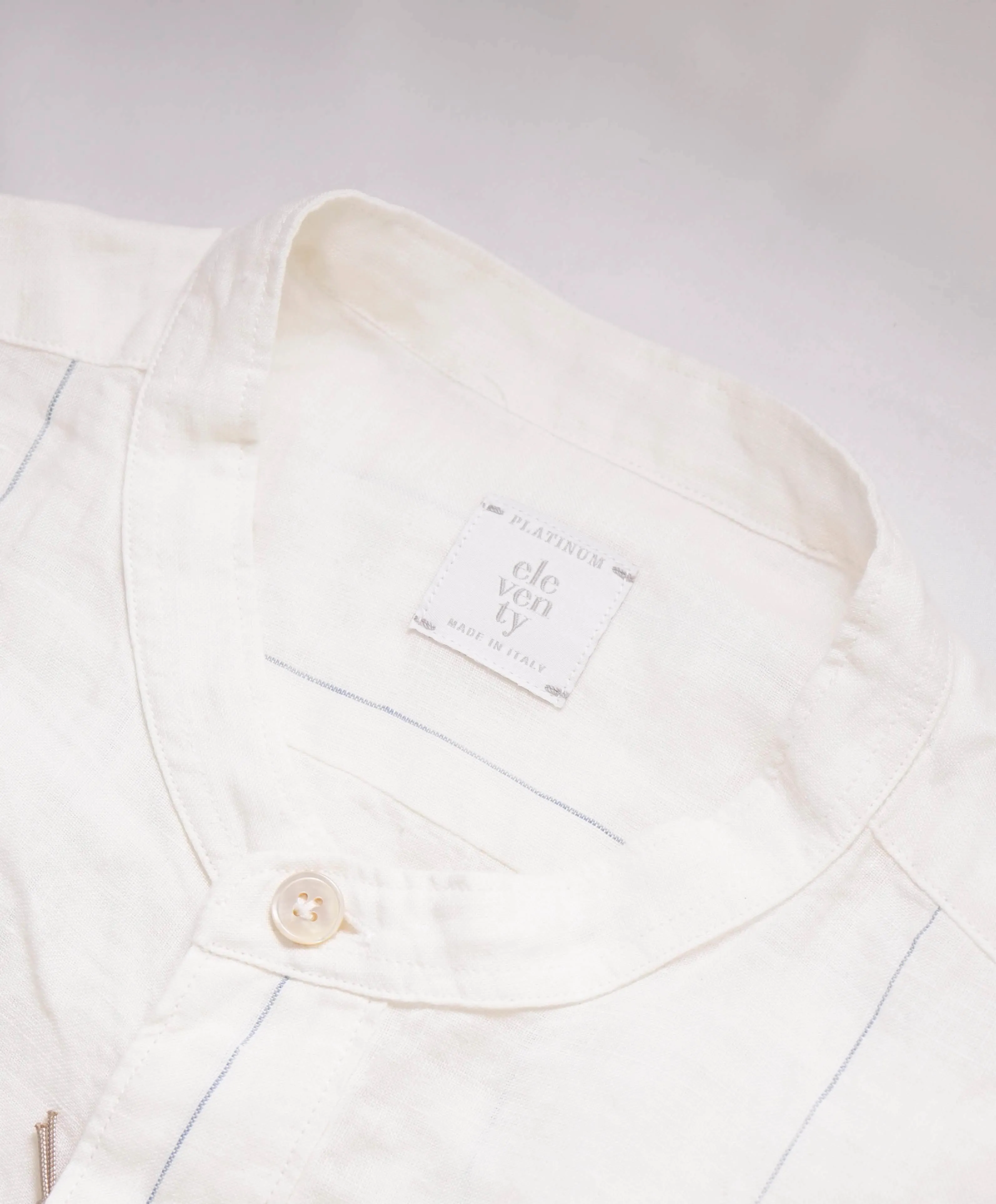 $395 ELEVENTY - PURE LINEN Ivory/Blue Collarless Button Dress Shirt - M (40)