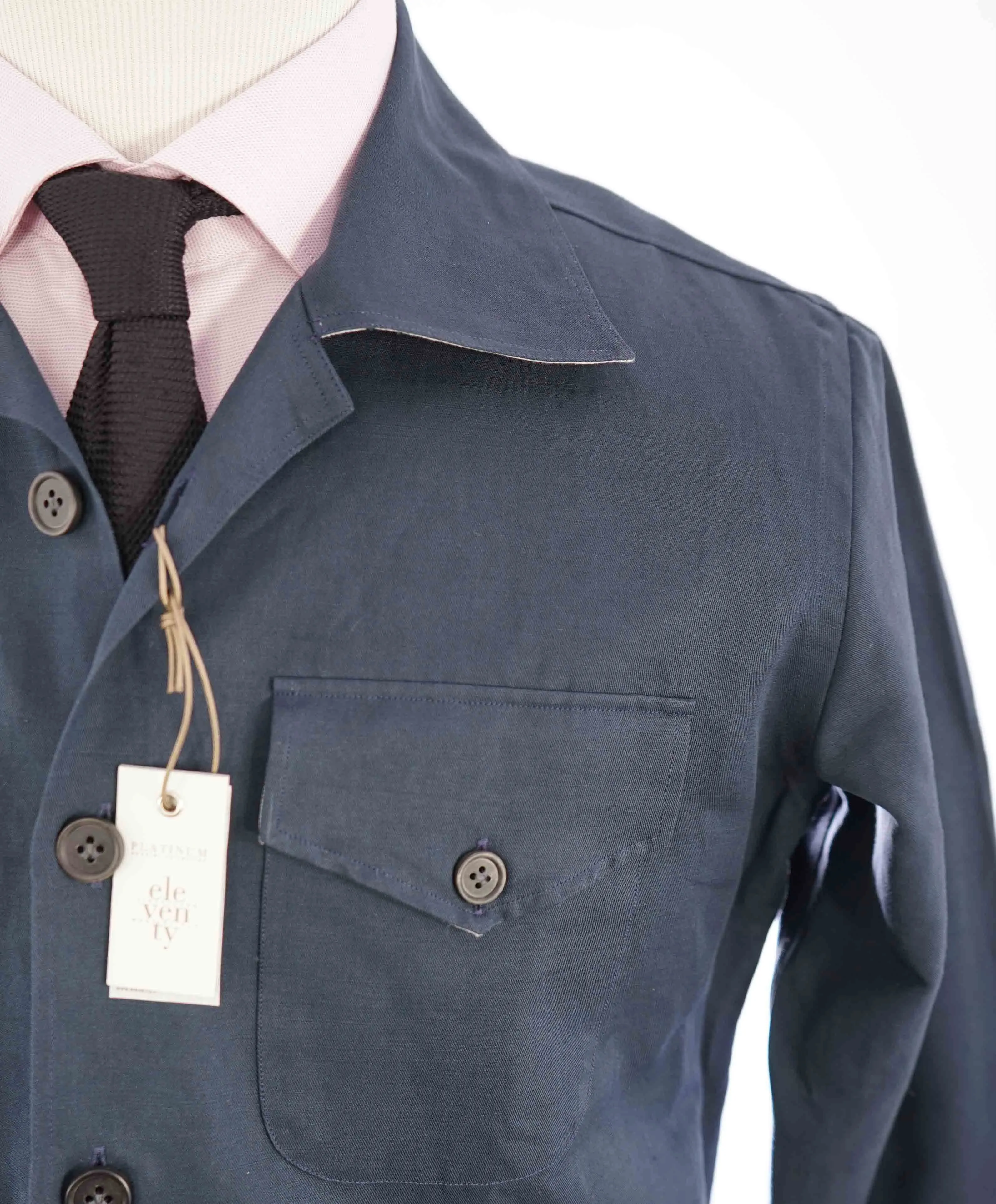 $745 ELEVENTY PLATINUM - Navy Blue Button Cotton/Linen Shirt Jacket Coat - M