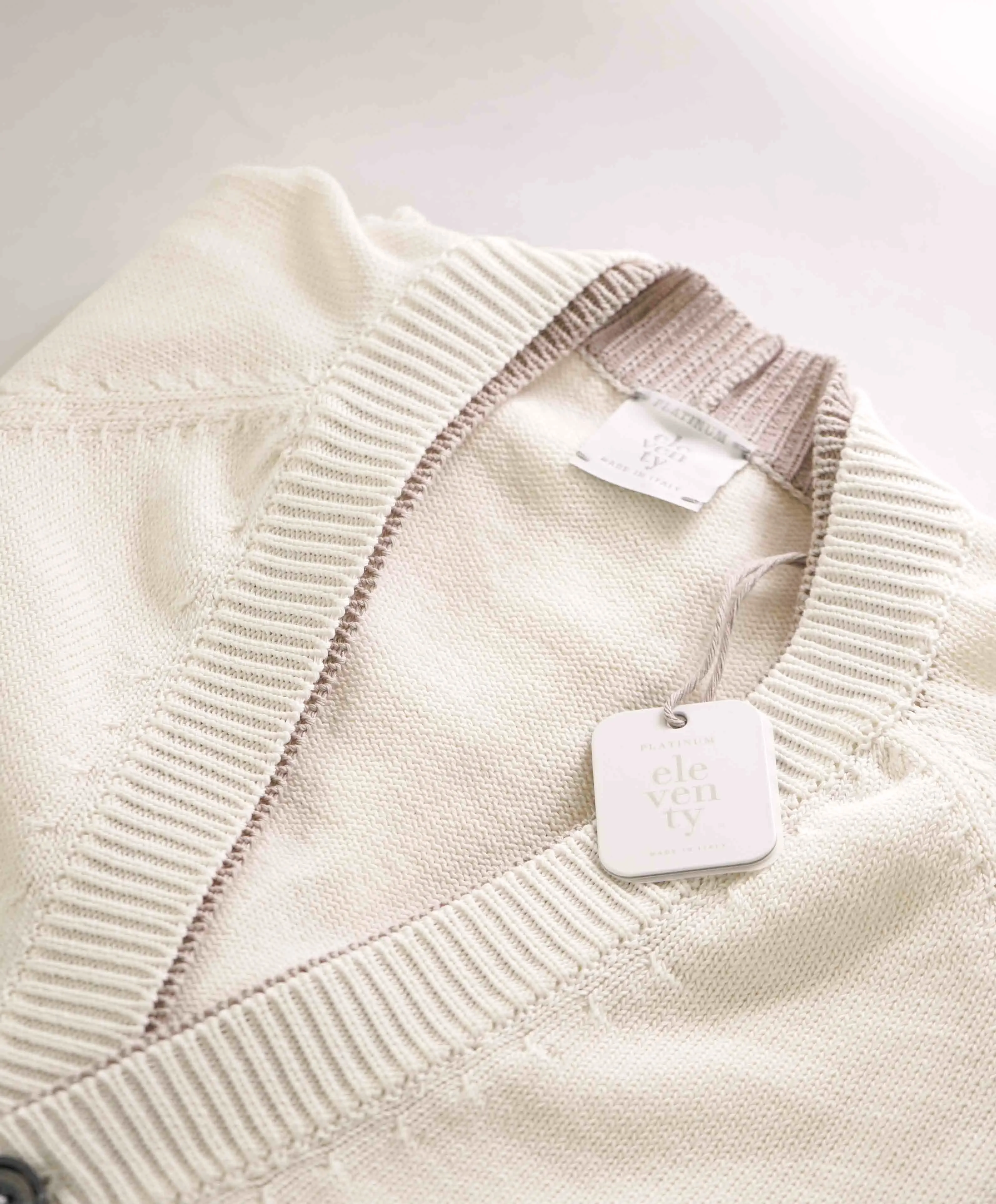 $795 ELEVENTY -Ivory Tipped Cotton MOP Button Cardigan Ribbed Sweater- Medium