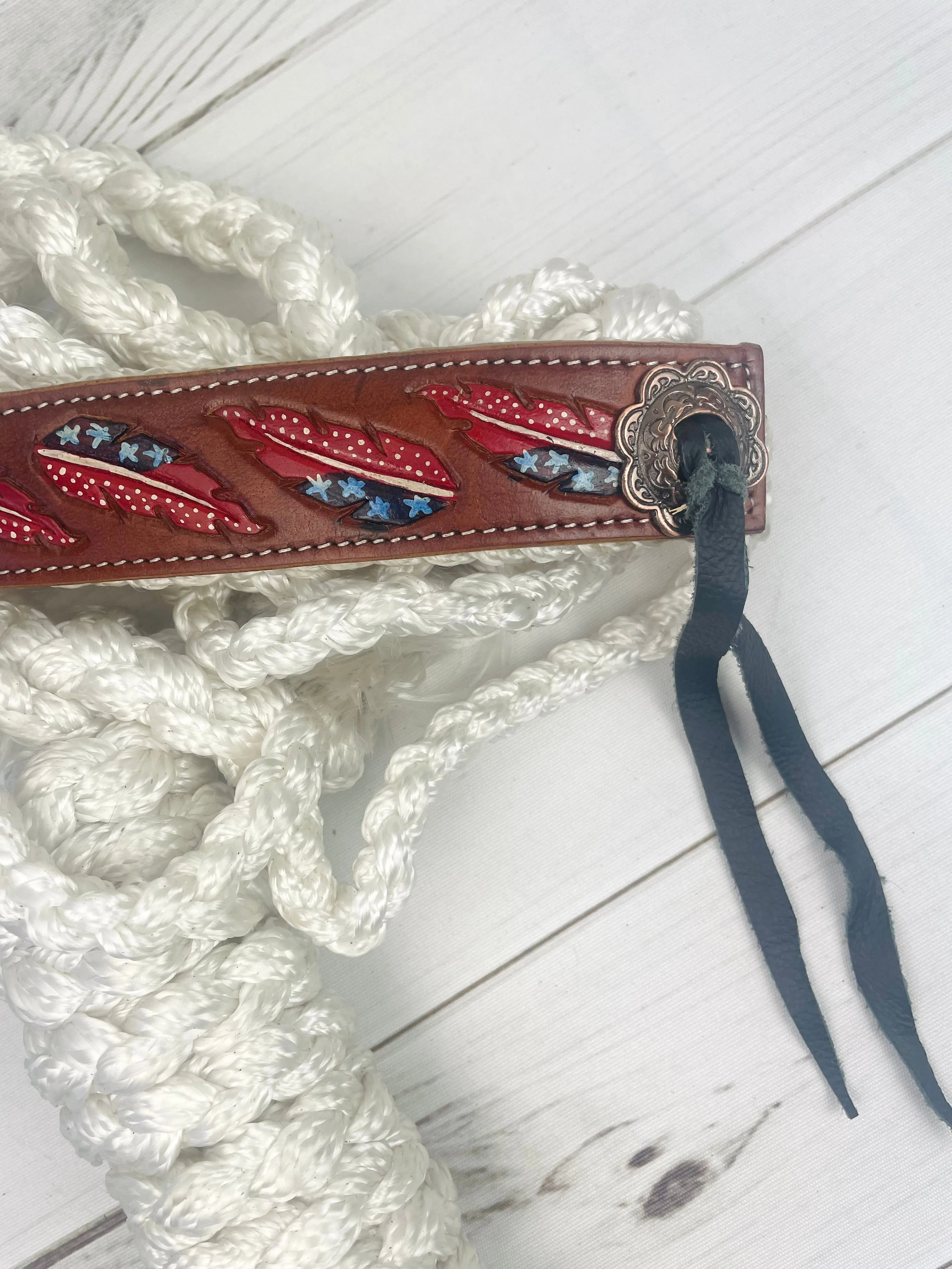 American Red White Blue Feather Tooled Halter on Nylon Muletape