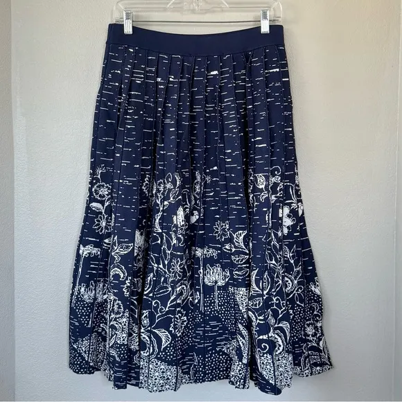 ANTHROPOLOGIE NWT L Haven Pleated Knit Midi Skirt in Blue Motif • Floral Pop