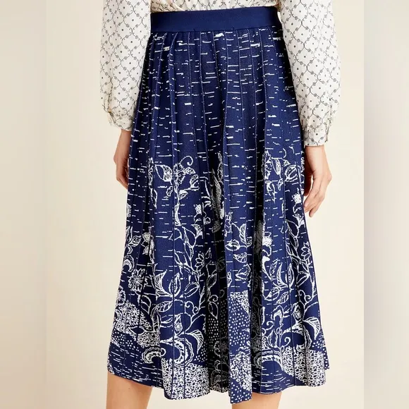ANTHROPOLOGIE NWT L Haven Pleated Knit Midi Skirt in Blue Motif • Floral Pop