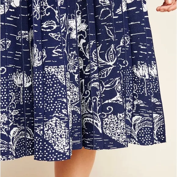 ANTHROPOLOGIE NWT L Haven Pleated Knit Midi Skirt in Blue Motif • Floral Pop