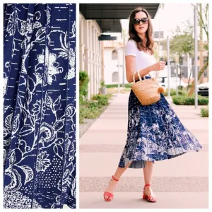 ANTHROPOLOGIE NWT L Haven Pleated Knit Midi Skirt in Blue Motif • Floral Pop