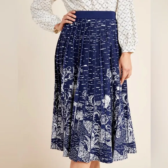 ANTHROPOLOGIE NWT L Haven Pleated Knit Midi Skirt in Blue Motif • Floral Pop