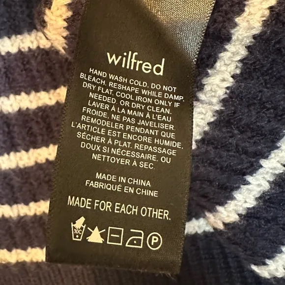 Aritzia Wilfred Maria Merino Wool Sweater, Dark Navy Striped, Size Large