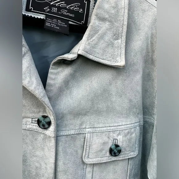 Atelier Grayish Blue Leather Blazer Coat with Blue Tortoise Shell Buttons