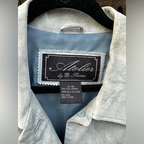 Atelier Grayish Blue Leather Blazer Coat with Blue Tortoise Shell Buttons