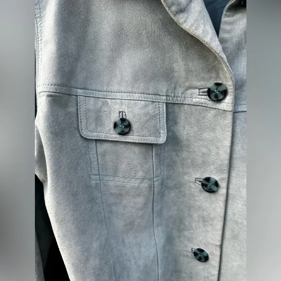 Atelier Grayish Blue Leather Blazer Coat with Blue Tortoise Shell Buttons
