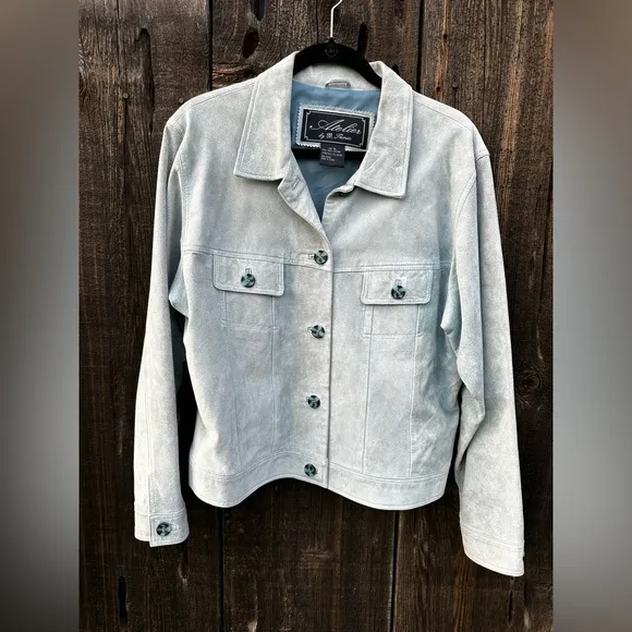 Atelier Grayish Blue Leather Blazer Coat with Blue Tortoise Shell Buttons