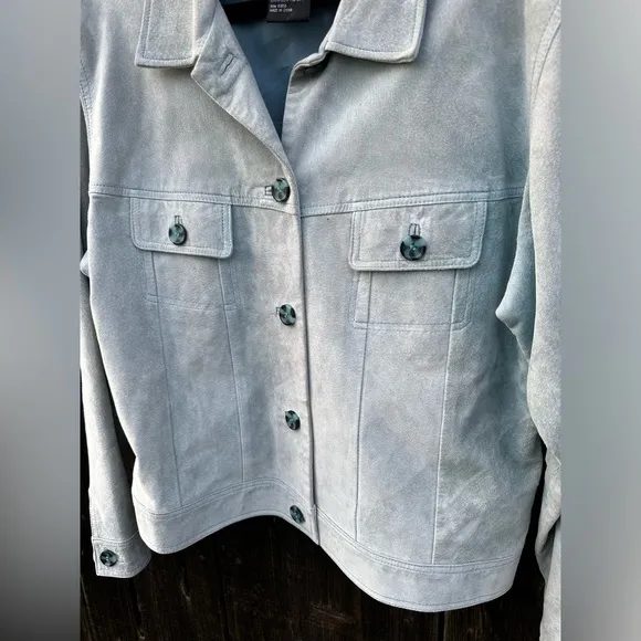 Atelier Grayish Blue Leather Blazer Coat with Blue Tortoise Shell Buttons