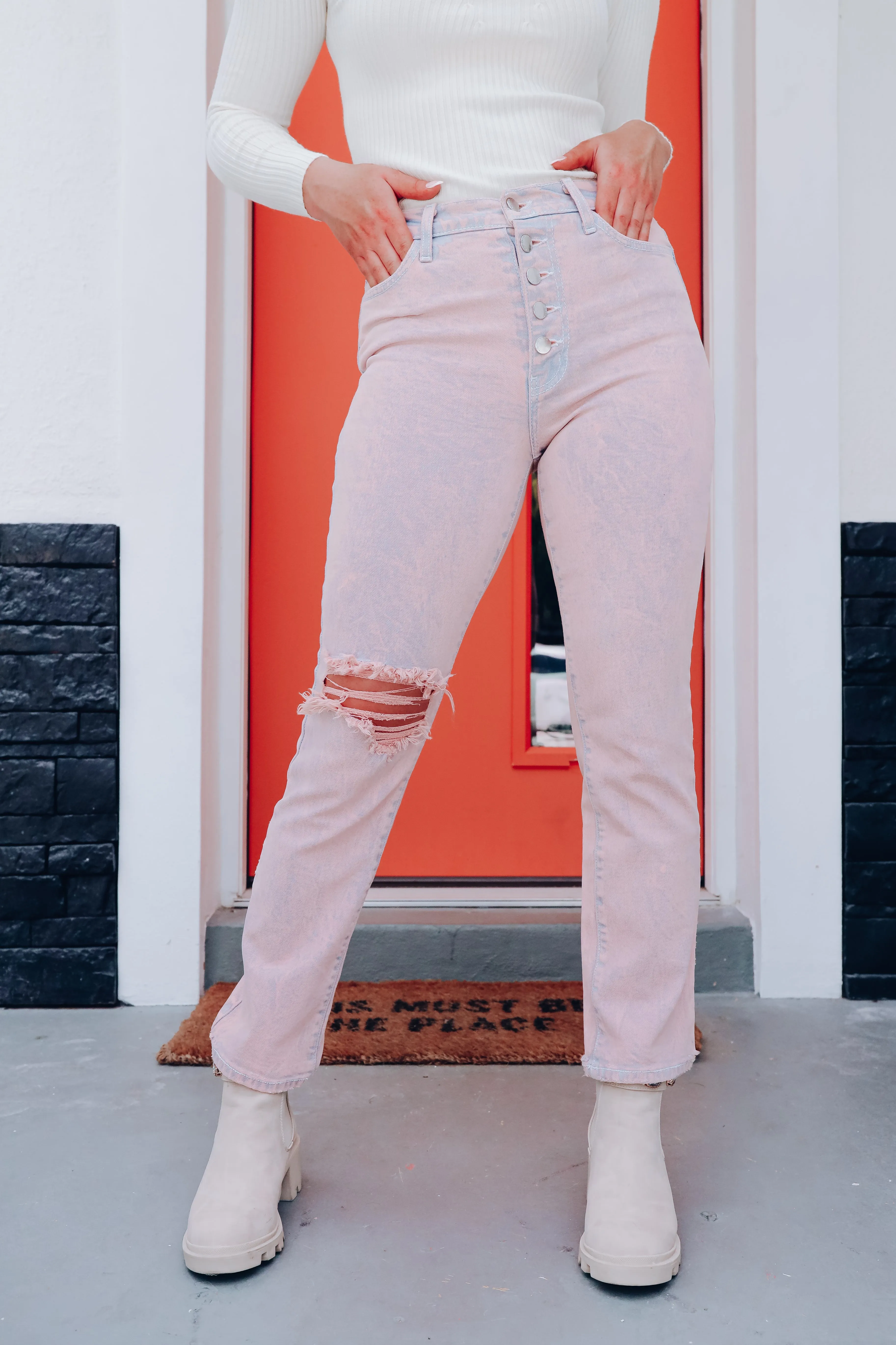 Barbara Distressed Straight Leg Jeans - Blush