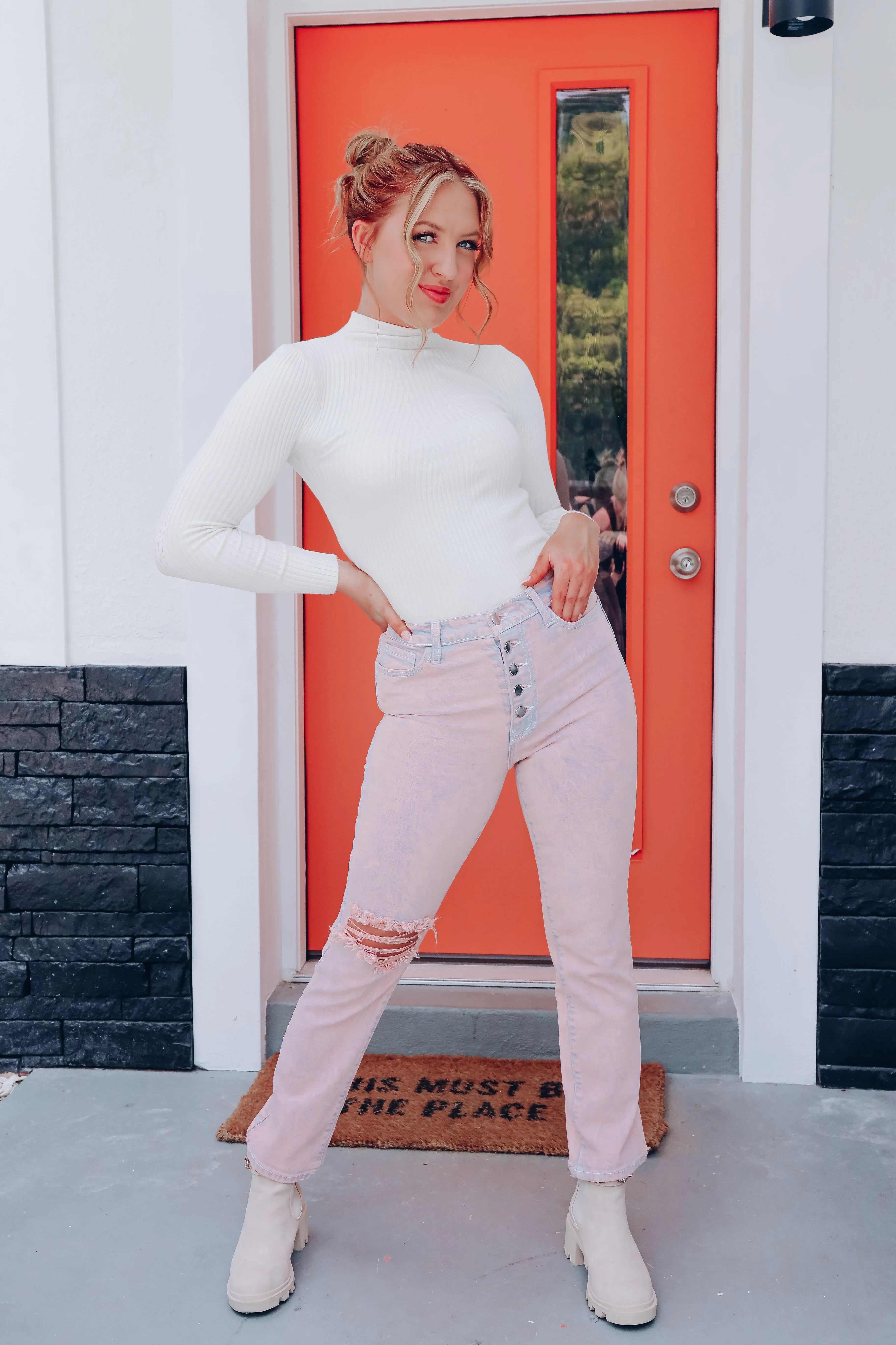 Barbara Distressed Straight Leg Jeans - Blush