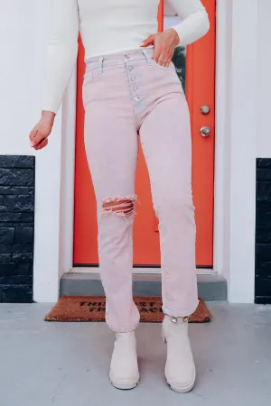 Barbara Distressed Straight Leg Jeans - Blush