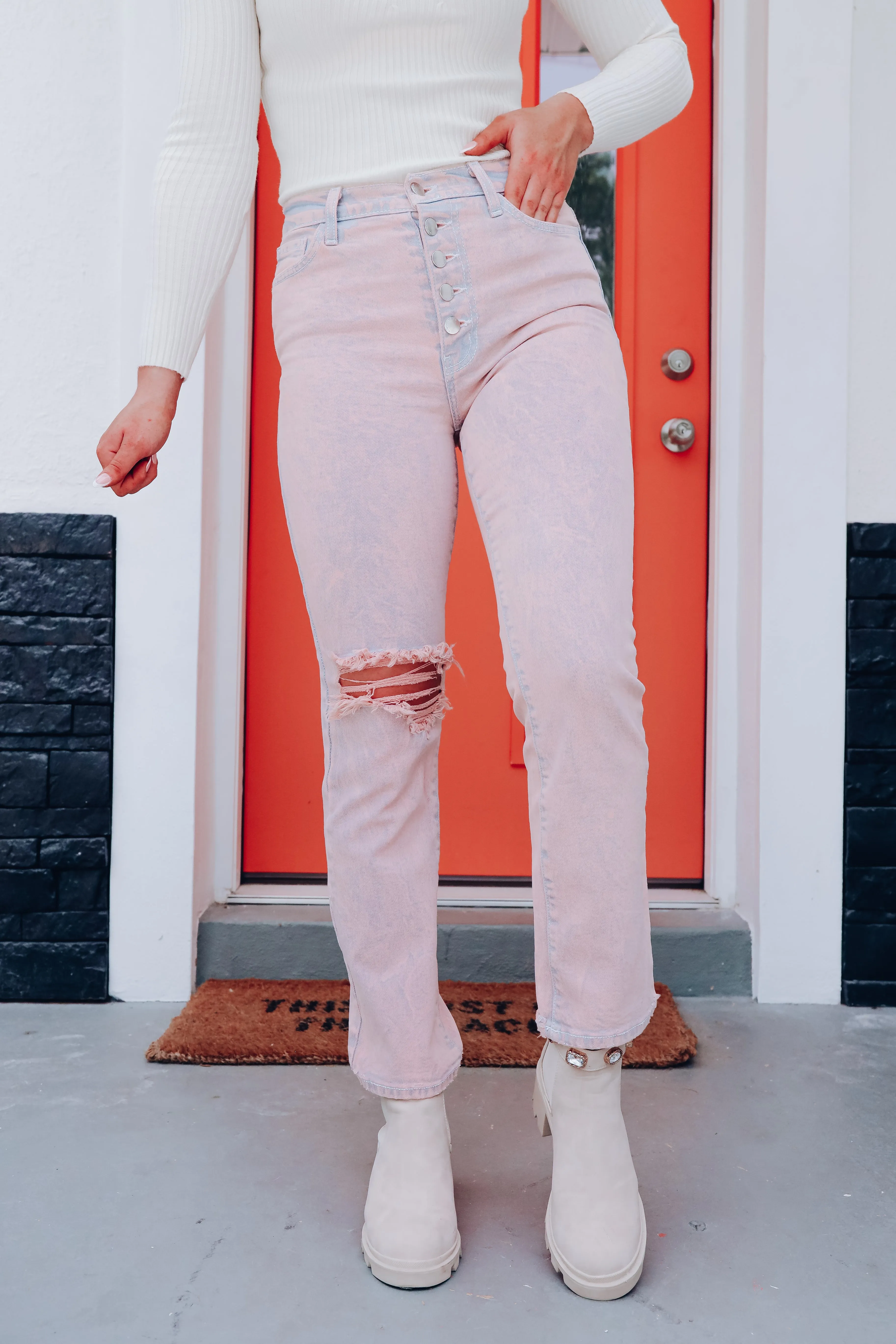 Barbara Distressed Straight Leg Jeans - Blush