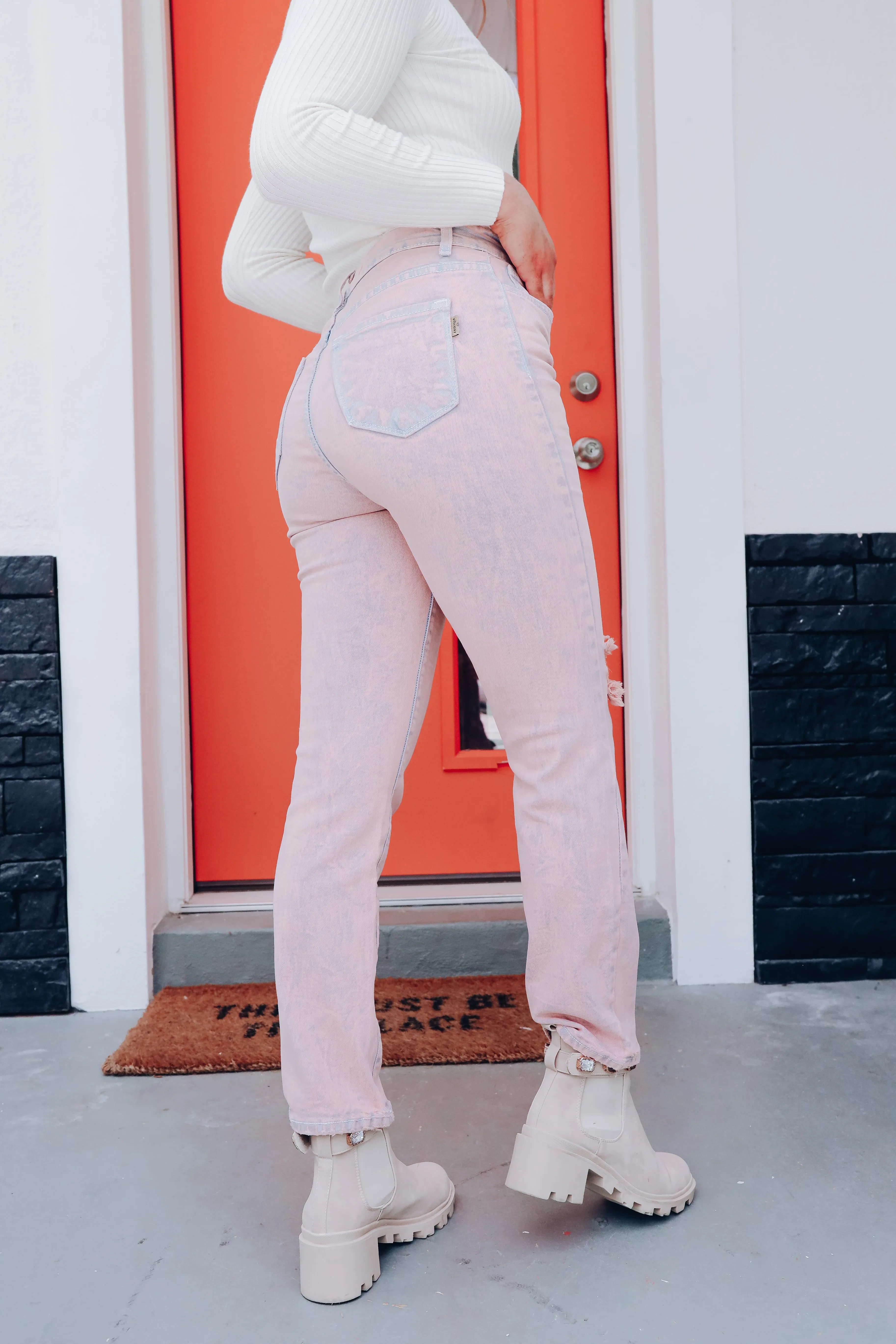 Barbara Distressed Straight Leg Jeans - Blush