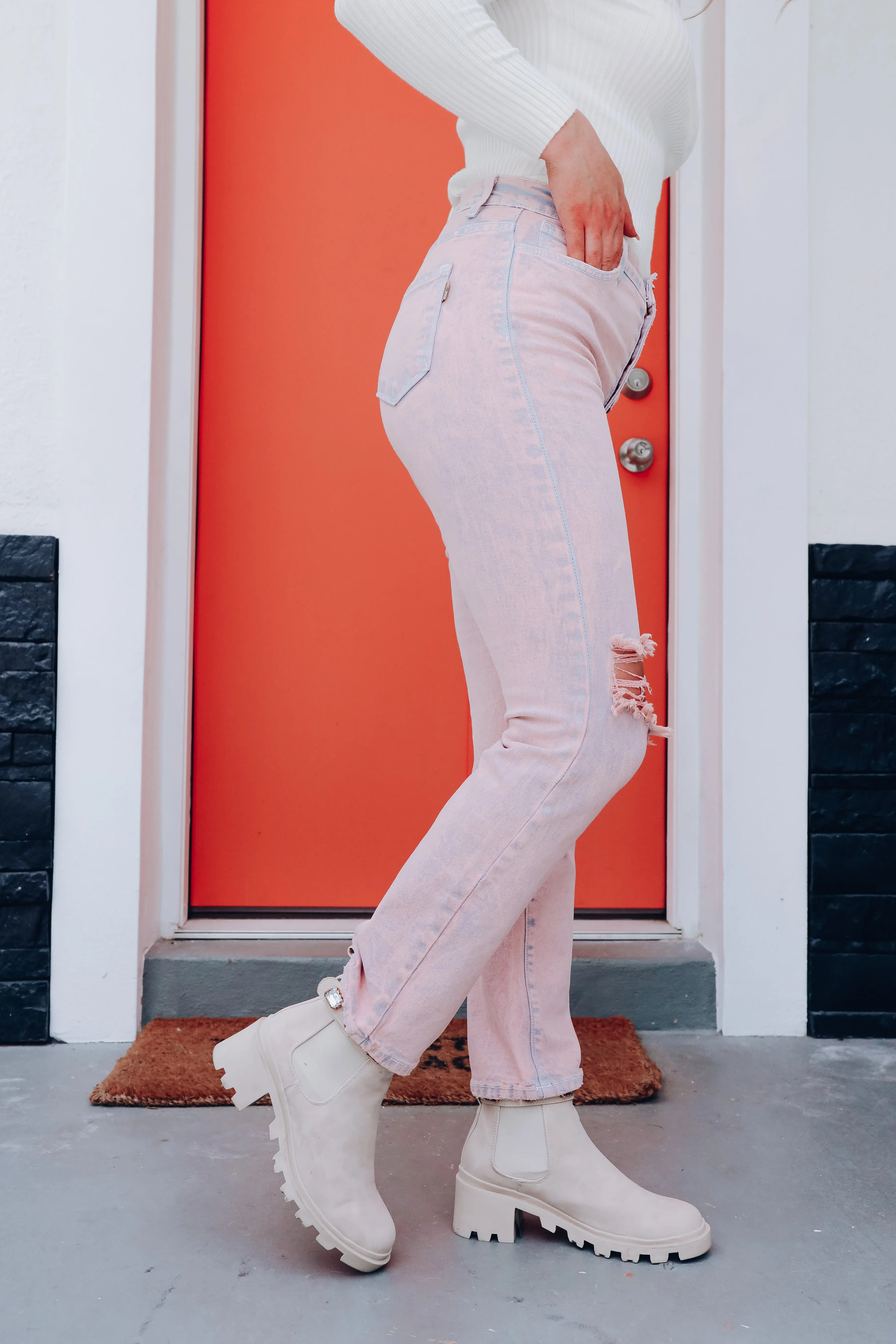Barbara Distressed Straight Leg Jeans - Blush