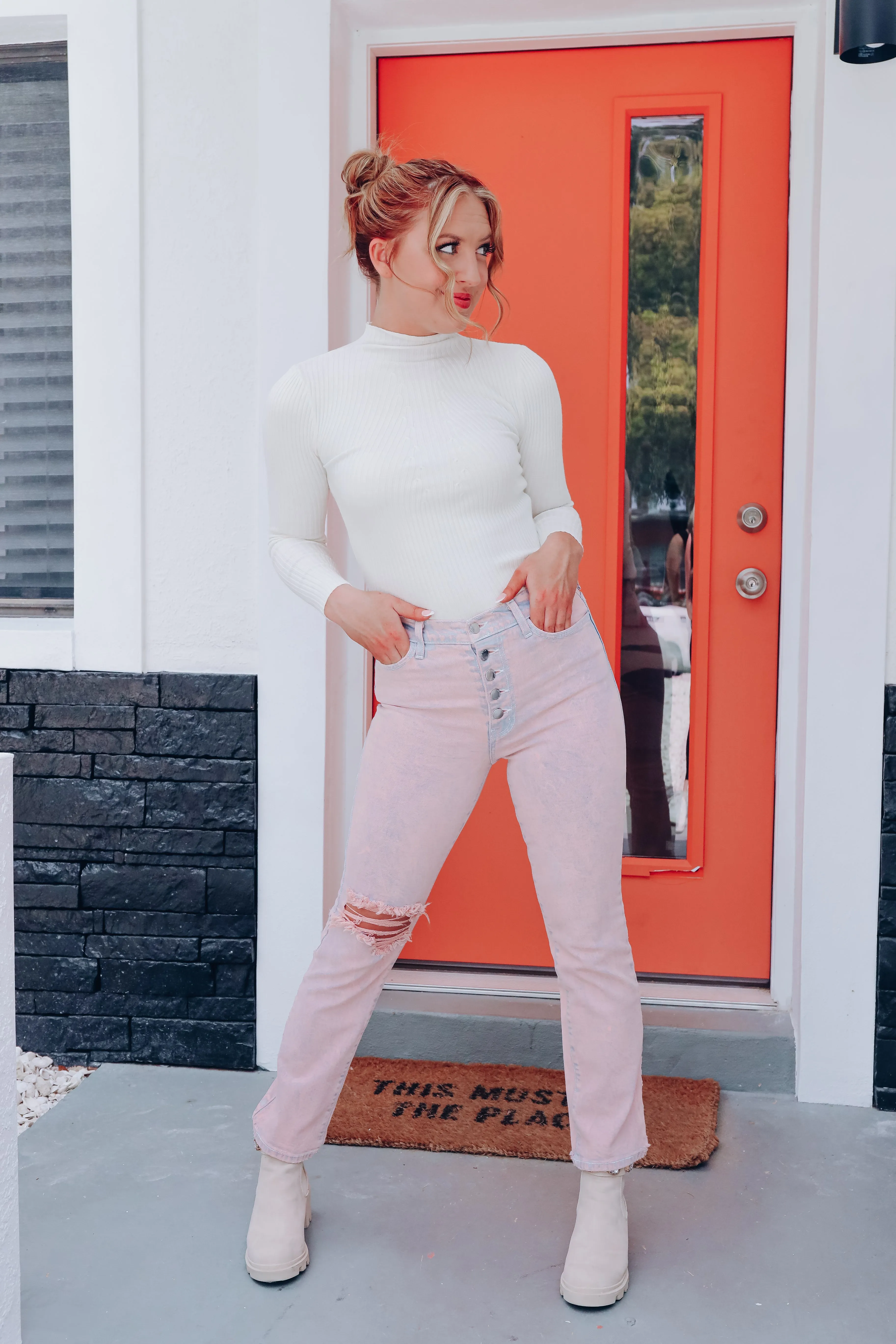 Barbara Distressed Straight Leg Jeans - Blush