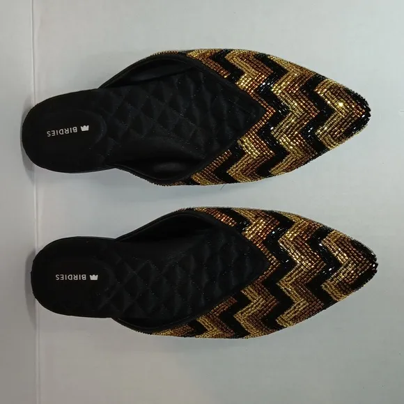 Birdies The Swan Flat Mule Black Gold Deco Beaded Chevron Pointed Toe Size 7.5