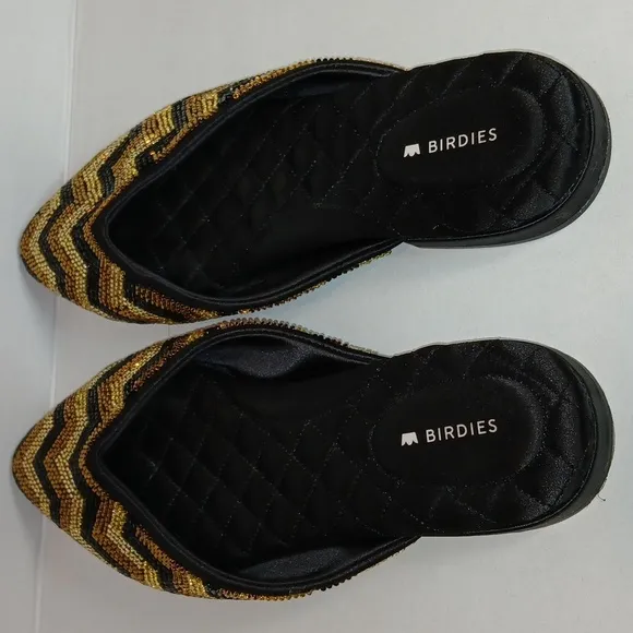 Birdies The Swan Flat Mule Black Gold Deco Beaded Chevron Pointed Toe Size 7.5