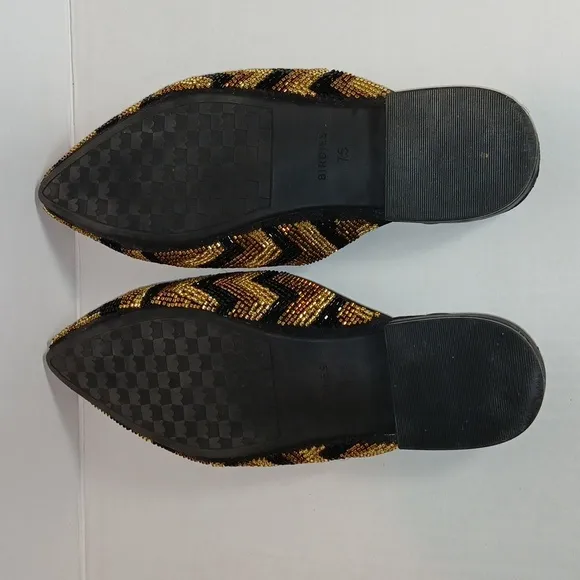 Birdies The Swan Flat Mule Black Gold Deco Beaded Chevron Pointed Toe Size 7.5