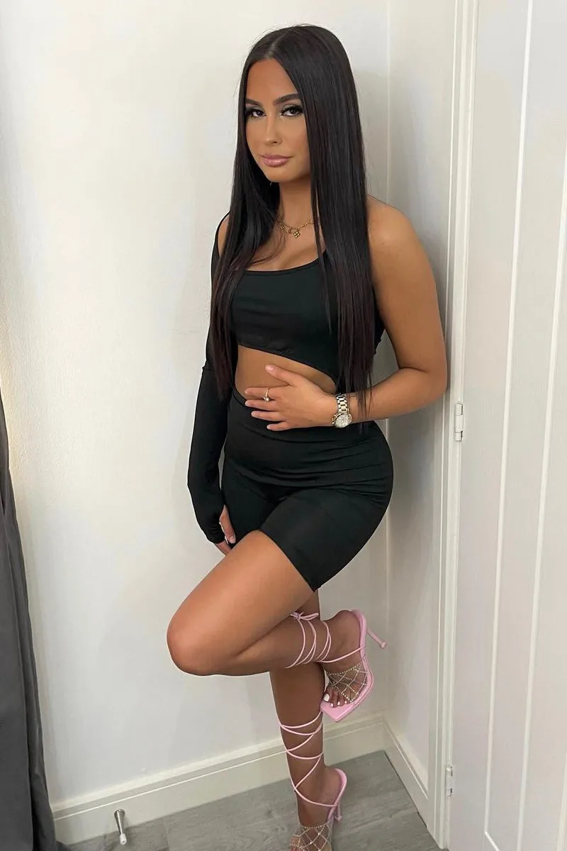 Black Cut Out One Sleeve Playsuit - River