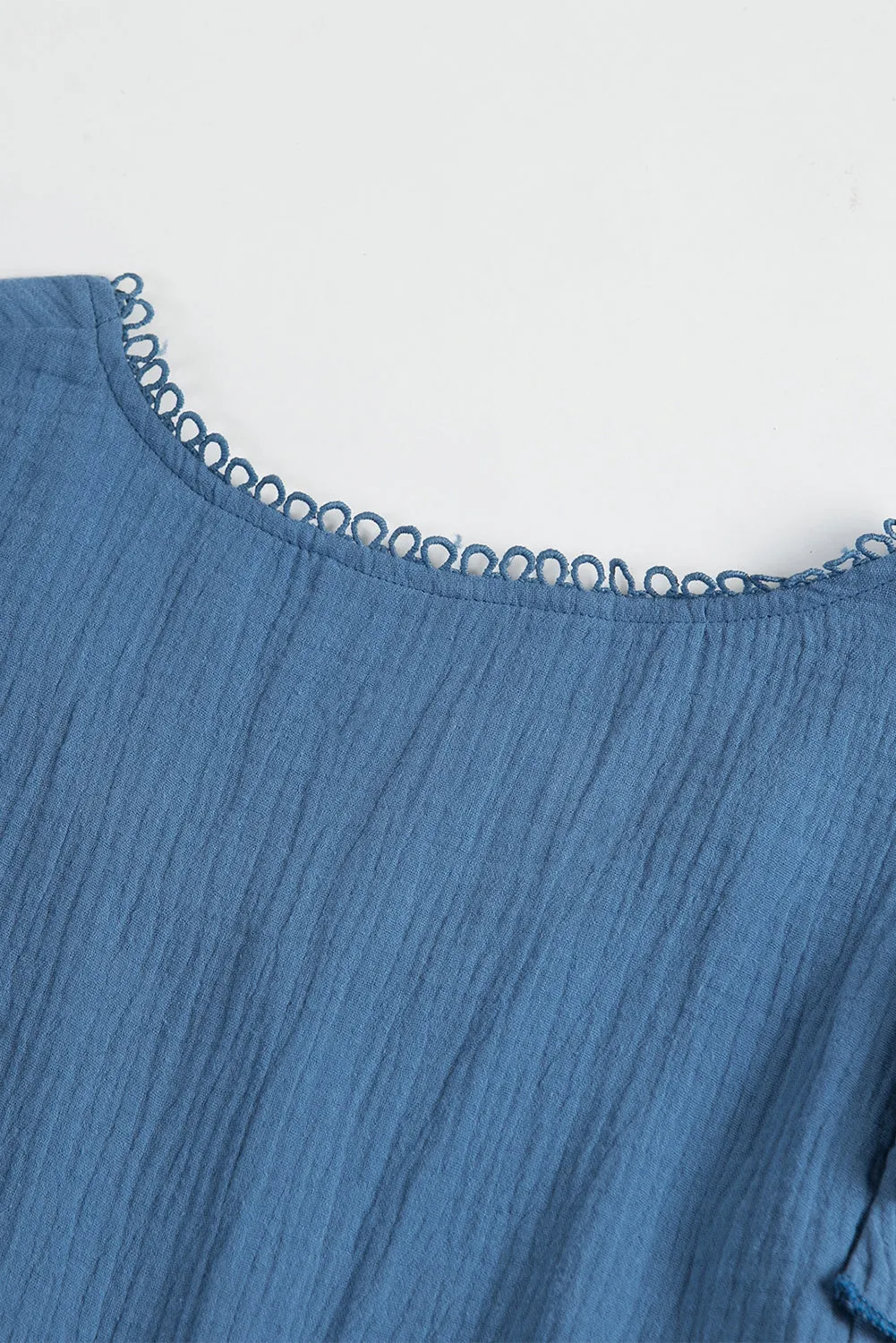 Blue V Neck Puff Sleeves Crinkled Tunic Mini Dress