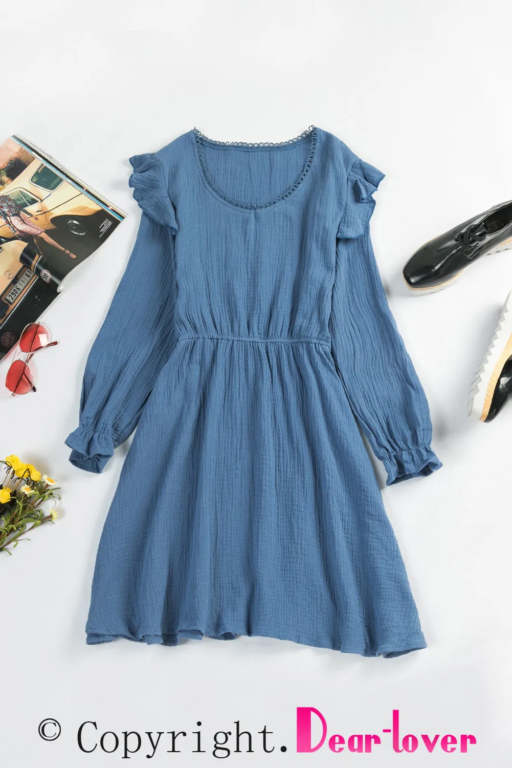 Blue V Neck Puff Sleeves Crinkled Tunic Mini Dress