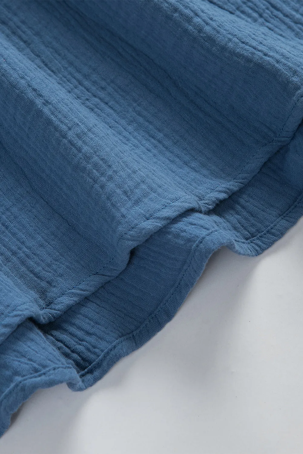 Blue V Neck Puff Sleeves Crinkled Tunic Mini Dress