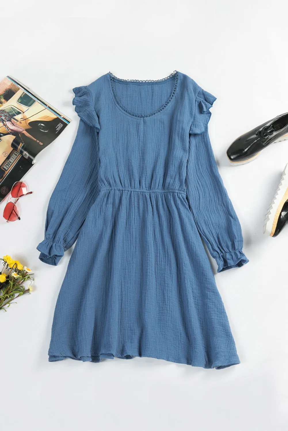 Blue V Neck Puff Sleeves Crinkled Tunic Mini Dress