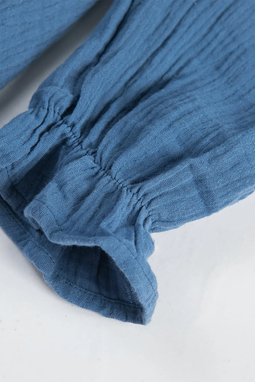 Blue V Neck Puff Sleeves Crinkled Tunic Mini Dress