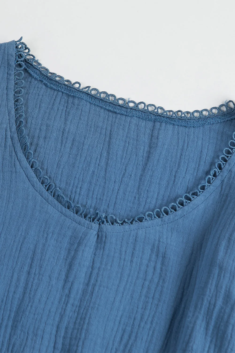 Blue V Neck Puff Sleeves Crinkled Tunic Mini Dress