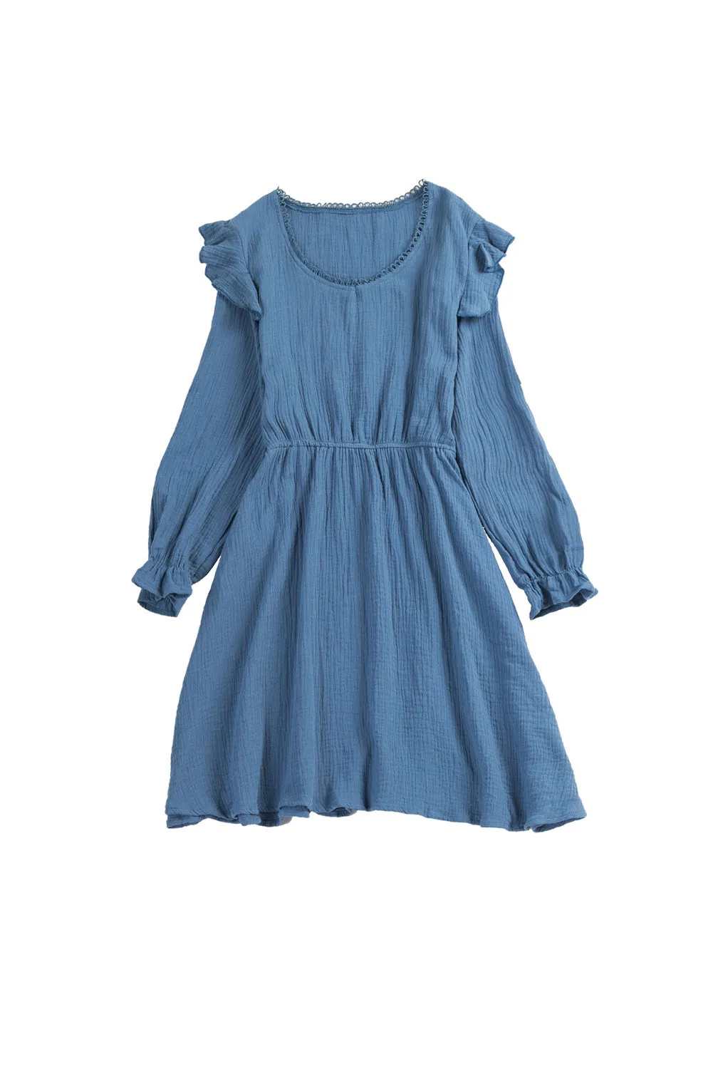 Blue V Neck Puff Sleeves Crinkled Tunic Mini Dress