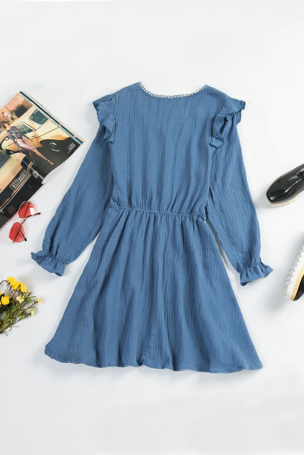 Blue V Neck Puff Sleeves Crinkled Tunic Mini Dress