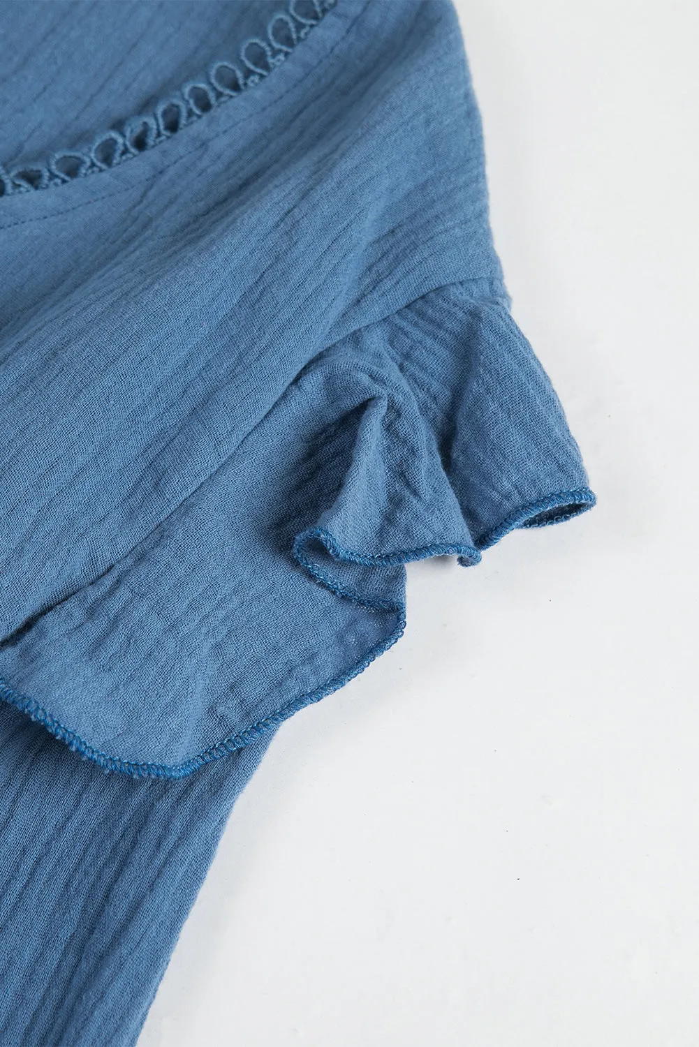Blue V Neck Puff Sleeves Crinkled Tunic Mini Dress