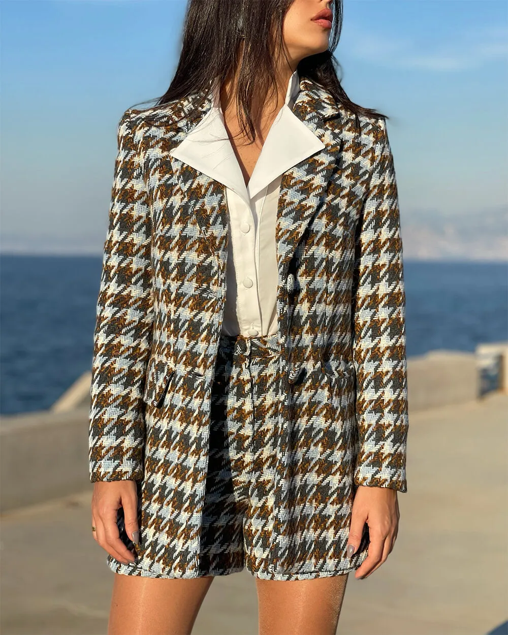 Brown and Off-White Houndstooth Blazer and Shorts Co-Ord