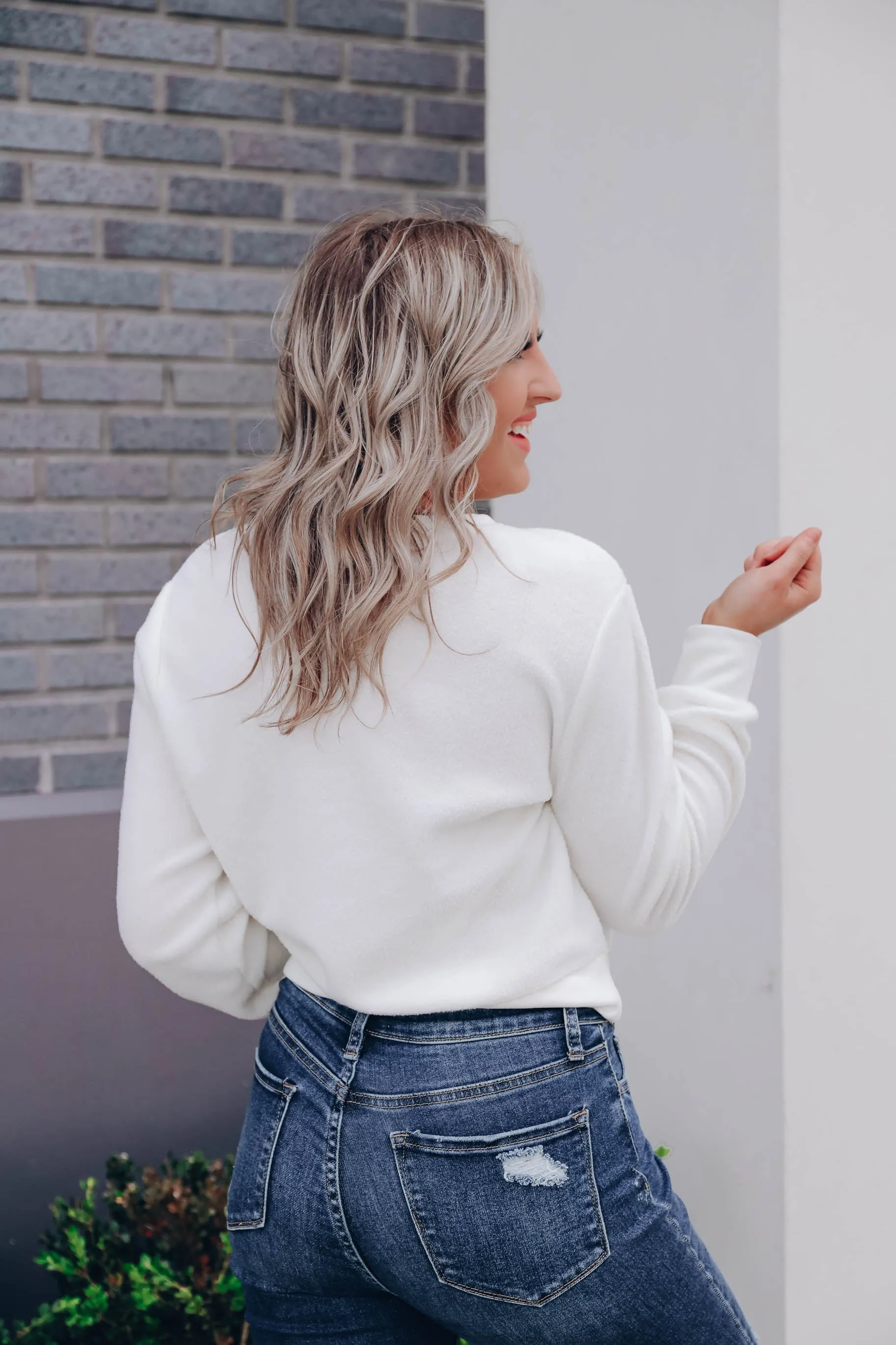 Brushed Fleece Crew Neck Pullover - Off White