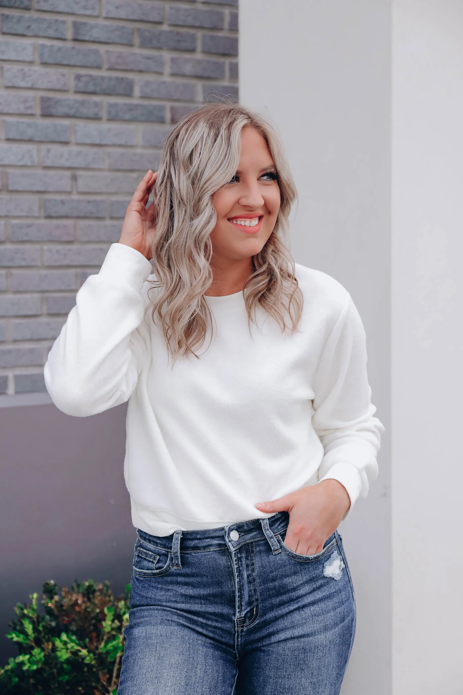 Brushed Fleece Crew Neck Pullover - Off White