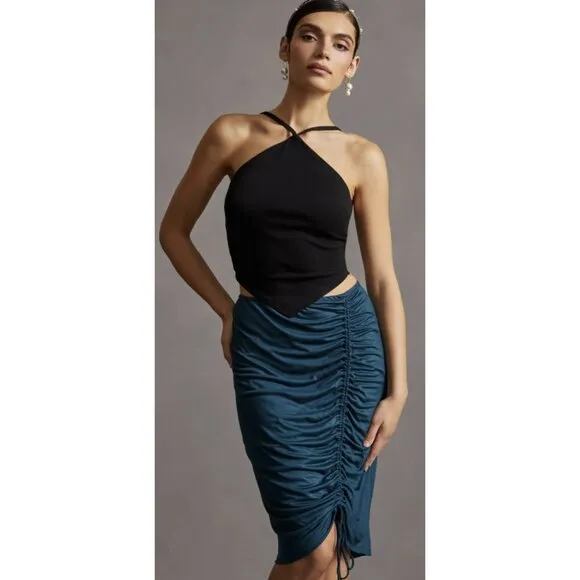BY ANTHROPOLOGIE Ruched Knit Midi Skirt in Navy Teal Green Stretch - Size M NWT